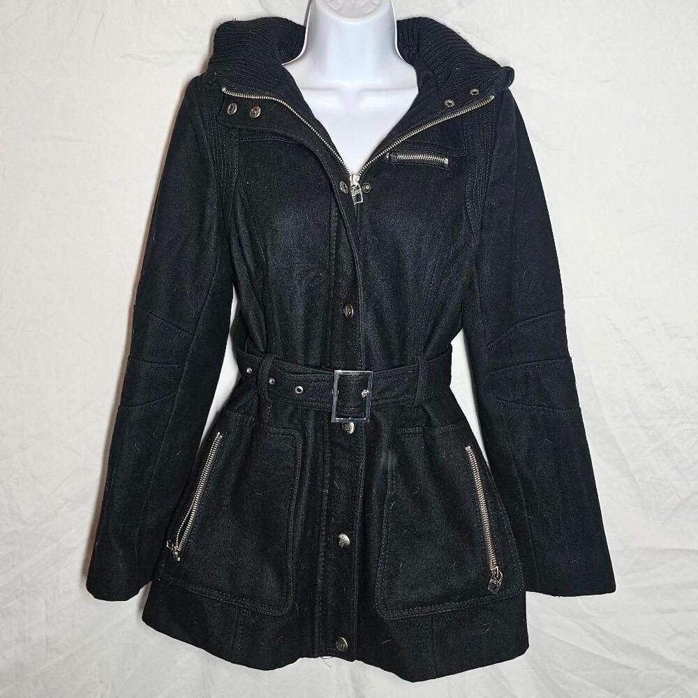 miss sixty black hooded faux wool buckle pea coat